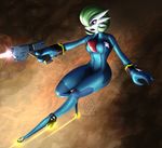  1girl crossover female gardevoir green_hair laser metroid mykegreywolf pokemon pokemon_(game) pokemon_game red_eyes samus_aran samus_aran_(cosplay) solo tongue weapon zero_suit 