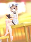  1girl absurdres bare_legs bare_shoulders barefoot blanc blue_eyes blush book brown_hair feet full_body hat highres huge_filesize looking_at_viewer neptune_(series) short_hair solo toes 
