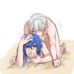  anal blue_hair clear_(dramatical_murder) dramatical_murder from_behind long_hair male_focus multiple_boys nude seragaki_aoba sex short_hair tears white_hair yaoi 