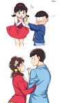  1boy 1girl ^_^ age_progression artist_name bad_id bad_pixiv_id bangs black_hair blunt_bangs blush bow brown_hair closed_eyes closed_mouth comic dress eye_contact flower full-face_blush gift hair_bow hair_flower hair_ornament hairband heart height_difference hetero holding holding_flower jacket locked_arms long_sleeves looking_at_another low_twintails matsuno_osomatsu mery_(apfl0515) osomatsu-kun osomatsu-san outstretched_arm red_dress red_shirt sextuplet_(osomatsu-kun) shirt short_twintails simple_background smile standing turtleneck twintails white_background white_shirt yellow_bow younger yowai_totoko 