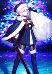  bag blonde_hair boot bow christmas christmas_tree cloak excalibur excalibur_morgan fate/grand_order fate/stay_night fate_(series) grey_hair hat ribbon saber saber_alter sack santa_alter santa_costume santa_hat snow sword weapon white_hair yellow_eyes 