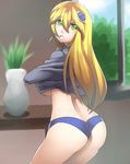  1girl arc_system_works ass blazblue blonde_hair blush from_behind green_eyes hair_ornament hairpods long_hair looking_at_viewer noel_vermillion open_mouth panties ryukenden solo underwear undressing 