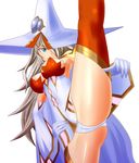  1girl alternate_color aqua_eyes arc_system_works ass blazblue blazblue:_central_fiction breasts brown_hair cape dress female gloves hat high_kick kicking konoe_a_mercury large_breasts leg_up legs long_hair panties shiny shiny_skin short_dress smile solo thighhighs underwear witch witch_hat wiz_(shadow) 