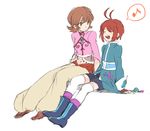  1boy 1girl ahoge annie_barrs boots breasts brown_eyes brown_hair coat eyes_closed mao_(tales) midriff navel open_mouth pants red_hair shoes short_hair shorts singing tales_of_(series) tales_of_rebirth thighhighs wide_sleeves 