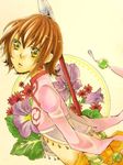  1girl annie_barrs bracelet breasts brown_hair earrings flower jewelry midriff navel open_mouth see-through short_hair staff tales_of_(series) tales_of_rebirth weapon yellow_eyes 