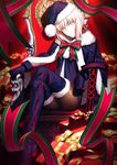  blonde_hair boot bow chair christmas cloak excalibur excalibur_morgan fate/grand_order fate/stay_night fate_(series) gift grey_hair hat legs_crossed pantyhose ribbon saber saber_alter santa_alter santa_costume santa_hat sitting sword throne weapon white_hair yellow_eyes 