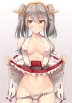  1girl alternate_costume bare_shoulders blush bow_panties breasts cleavage collarbone cowboy_shot detached_sleeves dress_lift hair_between_eyes haruna_(kantai_collection) haruna_(kantai_collection)_(cosplay) headgear highres ichikawa_feesu japanese_clothes kantai_collection kashima_(kantai_collection) looking_at_viewer open_mouth orange_eyes panties sidelocks silver_hair skirt_lift smile solo standing thigh_gap twintails wavy_hair 