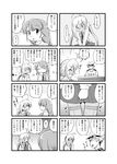  &gt;:( 2girls 4koma :d admiral_(kantai_collection) ahoge bangs blush bow bowtie braid closed_eyes clothes_writing comic commentary_request dress eyebrows_visible_through_hair eyes_visible_through_hair futatsuki_hisame greyscale hair_between_eyes hand_up hands_up hat highres kantai_collection kiyoshimo_(kantai_collection) long_sleeves low_twintails monochrome multiple_4koma multiple_girls nose_blush open_mouth pantyhose peaked_cap pleated_dress single_braid skirt_hold smile star thighband_pantyhose translation_request twintails v-shaped_eyebrows v_arms yuugumo_(kantai_collection) 