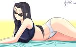  2015 aster_crowley black_hair brown_hair highres long_hair lying monster_musume_no_iru_nichijou ms._smith navel on_side panties signature smile solo sunglasses underwear 