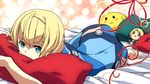  1girl barefoot bed blonde_hair blue_eyes bodysuit feet heavy_object milinda_brantini official_art pillow qwenthur_barbotage 