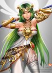  1girl armpits badcompzero breasts bridal_gauntlets cleavage green_hair jewelry kid_icarus kid_icarus_uprising looking_at_viewer lots_of_jewelry over_shoulder palutena side_slit solo staff thighhighs tiara weapon_over_shoulder 