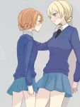  black_neckwear blue_sweater darjeeling dress_shirt emblem fuji_(fuji_mount3333) girls_und_panzer long_sleeves necktie orange_pekoe school_uniform shirt skirt st._gloriana&#039;s_school_uniform sweater v-neck wall_slam white_shirt wing_collar yuri 