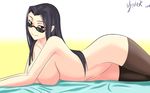  alternate_legwear aster_crowley black_hair breasts brown_eyes highres long_hair lying monster_musume_no_iru_nichijou ms._smith navel nude on_side signature smile solo sunglasses thighhighs 