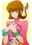  1girl annie_barrs bracelet breasts brown_hair earrings jewelry midriff navel open_mouth see-through short_hair tales_of_(series) tales_of_rebirth tktg wide_sleeves yellow_background yellow_eyes 