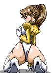  1girl artist_request ass back bodysuit breast_grab breasts brown_hair curvy female grabbing huge_ass large_breasts legwear leotard looking_at_viewer looking_back momozono_momoko shinkon_gattai_godannar!! solo sweat 