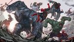  battle bodysuit destruction doctor_octopus epic green_goblin hulk inhyuk_lee lizard_(marvel) marvel monster multiple_boys peter_parker red_hulk rhino_(marvel) sequential spandex spider-man spider-man_(series) spider_web venom_(marvel) 