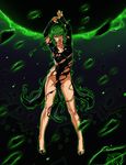  1girl arms_up black_dress breasts curly_hair dark_background dress full_body ganassa glowing green_hair looking_at_viewer no_panties no_shoes one-punch_man open_mouth short_hair solo tatsumaki torn_clothes 