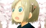  1girl asymmetrical_bangs bangs bear_hair_ornament blonde_hair blue_eyes blush bunny_hair_ornament child eyebrows hair_ornament hairclip mizu_asato open_mouth short_hair solo tagme 