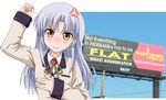  ad angel_beats! anger_vein angry banner blazer blue_hair blush clenched_hand commentary_request flat_chest frown jacket long_hair looking_at_viewer parody raised_fist school_uniform sign solo takumi_(rozen_garten) tears tenshi_(angel_beats!) trembling upper_body wavy_mouth white_background yellow_eyes 