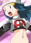  1girl blue_eyes blue_hair cosplay female hikari_(pokemon) long_hair midriff nintendo pokemon pokemon_(anime) pokemon_dppt solo team_rocket team_rocket_(cosplay) uniform 