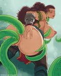 1girl all_fours anus areolae ass breasts brown_hair dark_nipples dark_skin double_penetration from_behind green_eyes huge_breasts illaoi large_nipples league_of_legends long_hair looking_at_viewer looking_back nipples open_mouth pussy sideboob starhump tattoo tentacle tentacle_sex toned 