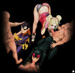  3boys 3girls ass ass_grab barbara_gordon batgirl batman_(series) bent_over black_hair blonde_hair blue_eyes bodysuit brown_hair butt_crack cape catwoman clothed_female_nude_male dc_comics fellatio goggles goggles_on_head green_eyes hand_on_head harley_quinn jesus_avalos kneeling mask midriff multicolored_hair multiple_boys multiple_girls oral pantyhose penis short_shorts shorts skin_tight torn_pantyhose twintails uncensored 