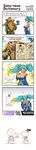  1girl 4koma art_shift bird blue_eyes blue_hair book breasts cleavage coin comic gradient_hair hands_on_own_chest hat highres hokuto_no_ken huge_breasts jericho_swain jojo_no_kimyou_na_bouken league_of_legends long_image multicolored_hair nestkeeper one_eye_closed pad parody peanuts red_eyes short_twintails snoopy sona_buvelle tall_image twintails woodstock you_are_already_dead 