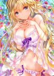  1girl absurdres babydoll bangs blonde_hair blush breasts cleavage collarbone erect_nipples fate/grand_order fate_(series) floral_background hand_on_own_chest highres jeanne_d&#039;arc_(fate) jeanne_d&#039;arc_(fate)_(all) large_breasts light_smile lingerie long_hair looking_at_viewer navel ogata_tei panties solo underwear very_long_hair yellow_eyes 