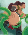  1girl ahegao all_fours anus areolae ass breasts brown_hair dark_nipples dark_skin double_penetration from_behind green_eyes huge_breasts illaoi large_nipples league_of_legends long_hair looking_back nipple_penetration nipples open_mouth pussy sideboob starhump tattoo tentacle tentacle_sex toned 