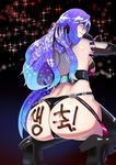  1girl ass bare_shoulders blue_hair blush body_writing boots breasts choujigen_game_neptune come_hither compile_heart elbow_gloves female from_behind gloves high_heel_boots high_heels huge_ass idea_factory iris_heart kami_jigen_game_neptune_v large_breasts long_hair looking_back naughty_face neptune_(series) parted_lips power_symbol pururut red_eyes seductive_smile shiny shiny_clothes shiny_hair shiny_skin shippi sideboob smile solo squatting symbol-shaped_pupils thong translation_request very_long_hair 
