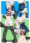  1girl back blue_eyes blue_hair cosplay female hainchu hikari_(pokemon) long_hair nintendo pokemon pokemon_(anime) pokemon_dppt smile solo team_rocket team_rocket_(cosplay) uniform wink 