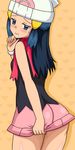 1girl ass beanie blue_eyes blue_hair blush hat hikari_(pokemon) kuro_hopper long_hair looking_back pokemon pokemon_(anime) scarf skirt 