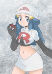  1girl blue_eyes blue_hair cosplay female hikari_(pokemon) long_hair nintendo pokeball pokemon pokemon_(anime) pokemon_dppt smile solo team_rocket team_rocket_(cosplay) uniform 
