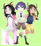  1boy 2girls animal_ears aqua_eyes bare_shoulders black_hair blue_eyes brown_hair child hilda_rhambling horns long_hair militsa multiple_girls pants purple_hair saleh shoes short_hair shorts smile socks tales_of_(series) tales_of_rebirth 