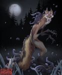  anthro breasts canid canine claws digitigrade fangs female forest fox full_moon grass gutter_tongue looking_at_viewer mammal moon multi_eye nightmare_fuel slim small_breasts solo tentacles tree 