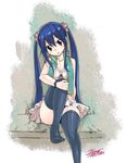  1girl blue_hair brown_eyes child fairy_tail feet hair_ornament loli mashima_hiro no_shoes official_art skirt small_breasts solo tattoo thighhighs twintails wendy_marvell 