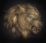 anthro armor blue_eyes braided_hair canid canine canis fangs fur glowing glowing_eyes gutter_tongue hair mammal snarling solo tan_fur wolf 