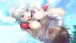 1boy 1girl angel_wings areolae bouncing_breasts breasts breasts_outside censored flying game_cg grey_hair happy happy_sex hetero highres in_vitro_shoujo large_breasts legs long_hair mosaic_censoring navel nipples no_panties open_mouth penis sex sky smile sweat tadano_akira thighs twin_braids vaginal wings 