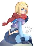  1girl artist_request ass blonde_hair blue_eyes blush bodysuit breasts butt_crack cameltoe frown gloves hairband heavy_object looking_at_viewer looking_back milinda_brantini scarf short_hair sideboob sitting solo 