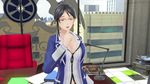  1girl 3d animated animated_gif atlus beauty_mark black_eyes black_hair breasts cleavage eyes_closed female genei_ibunroku_#fe glasses jacket jiggle large_breasts shimazaki_maiko short_hair solo talking 