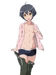  1boy black_hair bulge kobayashi_yoshio looking_at_viewer male_focus nipples oshiza ranpo_kitan solo student tagme underwear undressing 