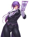  1girl breasts butler cameltoe eyepatch female formal gloves hand_on_own_chest kagami_hirotaka large_breasts long_hair looking_at_viewer ofuda onmyou_kishi_towako partially_visible_vulva purple_hair shiki_reika skin_tight smile solo taimanin_asagi taimanin_asagi_battle_arena yellow_eyes 