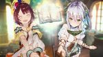  :d ^_^ atelier_(series) atelier_sophie bare_shoulders blush book brown_hair closed_eyes game_cg green_eyes hair_ornament long_hair multiple_girls noco_(adamas) official_art open_mouth plachta short_hair silver_hair smile sophie_neuenmuller yuugen 