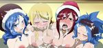  4girls blonde_hair blue_hair blush breasts bukkake cum cum_in_mouth cum_on_body cum_on_breasts cum_on_tongue cum_on_upper_body erza_scarlet facial fairy_tail juvia_loxar large_breasts levy_mcgarden lucy_heartfilia multiple_girls nipples open_mouth red_hair santa_hat tongue_out 