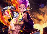  abs animal asymmetrical_clothes cat cave clenched_hands epic fairy_tail fire flame gradient gradient_background happy_(fairy_tail) lava looking_at_viewer lying male_focus multiple_boys natsu_dragneel on_fire pink_hair realistic scar standing tattoo veins 