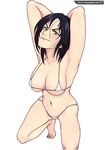  1girl armpits arms_behind_head arms_up bikini black_hair breasts head_tilt kneeling looking_at_viewer merlin_(nanatsu_no_taizai) micro_bikini nanatsu_no_taizai navel perspective solo stomach swimsuit thong_bikini ttrop white_bikini yellow_eyes 