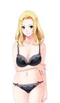  1girl blonde_hair blue_eyes bra breast_hold breasts cameltoe cleavage female game_cg highres hitozuma_swimming_club ino interheart kayashima_aki large_breasts legs long_hair looking_at_viewer panties simple_background smile solo standing thigh_gap thighs underwear white_background 
