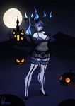  1girl blue_fire blue_skin bra chandelure fire garter_straps garters gloves halloween high_heels horns lingerie monster_girl personification pokemon pokemon_(game) rayzoir see-through shoes short_hair solo thighhighs underwear yellow_eyes 