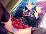  2girls black_legwear blue_hair blush breasts feet female fukuyama_naoto game_cg green_eyes highres koko_wa_suki_na_dake_sex_shite,_minna_ni_yorokobareru_sekai! large_breasts legs long_hair looking_down multiple_girls no_shoes panties pink_hair puffy_nipples school_uniform sitting skirt spread_legs sweat thighs underwear yellow_eyes yuri 