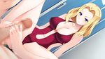  1boy 1girl amami_taito bare_shoulders barefoot blonde_hair blue_eyes blush breasts cameltoe censored cleavage cleavage_cutout feet footjob game_cg hetero highres hitozuma_swimming_club ino interheart kayashima_aki large_breasts legs long_hair looking_down mosaic_censoring navel penis sitting smile solo_focus swimsuit thighs toes two-footed_footjob 